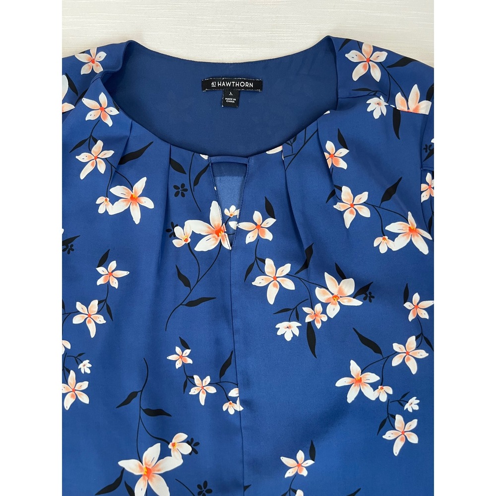 41 Hawthorn Blue Floral Keyhole Pleated Blouse Short Tulip Sleeve Top Large - Picture 4 of 12